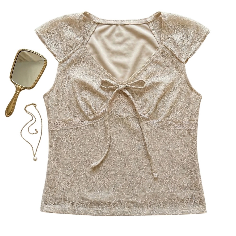Lace Fitted Blouse Cap Sleeves Stretchy Fall Beige MEDIUM‎